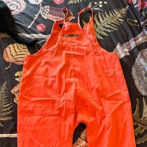 Vivid Orange Thin Material Overalls Coveralls Spaghetti Strap Pockets Baggy